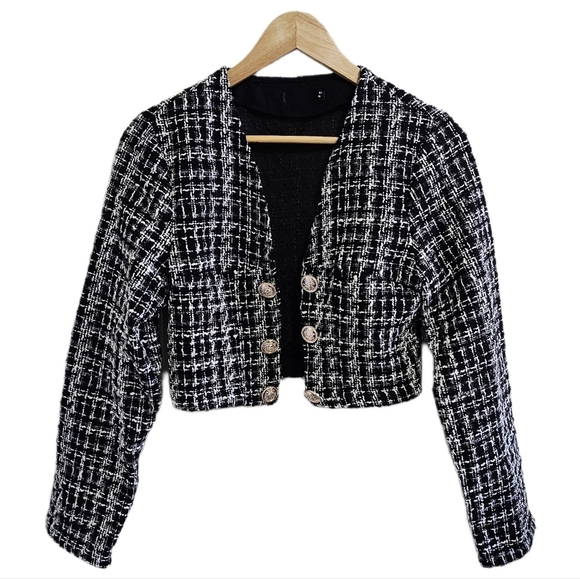 Jackets & Blazers - Tweed cropped cardigan open button black and white jacket size 6